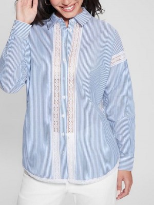 Guess Abigail Striped Lace Trim Shirt Blauw | GUESS-SN27550
