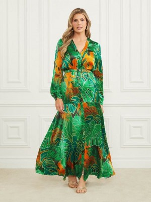 Guess Amazon Leaf Belted Silk Dress Multi | GUESS-SN26744