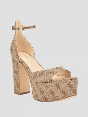 Guess Ankle Strap Logo Platform Heels Bruin | GUESS-SN29680