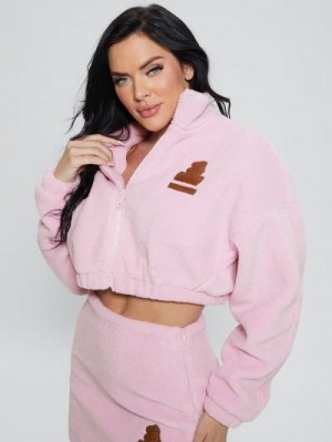 Guess Bunny Patch Sherpa Fleece Zip Jacket Roze | GUESS-SN27719