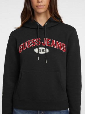Guess Chenille Logo Patch Hoodie Zwart | GUESS-SN28346