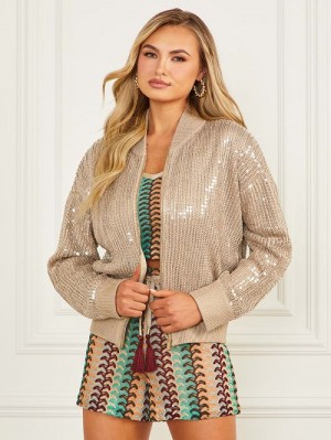 Guess Claudia Sequins Sweater Jacket Beige | GUESS-SN28037