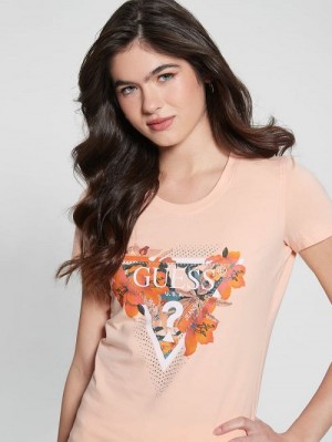 Guess Crewneck Flowers Icon Tee Roze | GUESS-SN27051