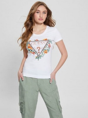 Guess Crewneck Flowers Icon Tee Wit | GUESS-SN27064