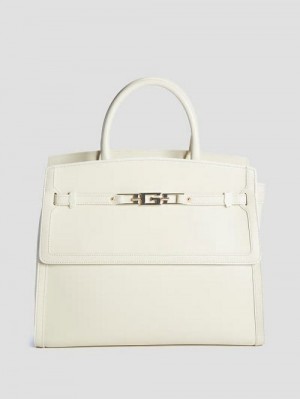 Guess Cristina Leather Medium Satchel Beige | GUESS-SN29277