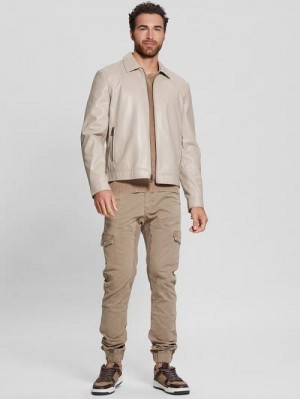 Guess District Faux-Leather Zip Jacket Beige | GUESS-SN30753