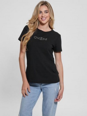 Guess Eco Briana Rhinestone Tee Zwart | GUESS-SN27261