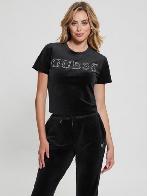 Guess Eco Couture Velvet Logo Tee Zwart | GUESS-SN28397