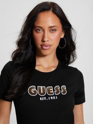 Guess Eco Crewneck Rhinestone Logo Tee Zwart | GUESS-SN27054