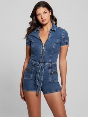 Guess Eco Deana Belted Denim Romper Blauw | GUESS-SN26686