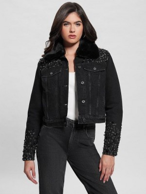 Guess Eco Doria Shearling Collar Denim Jacket Zwart | GUESS-SN27882