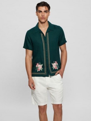 Guess Eco Embroidered Island Linen Shirt Groen | GUESS-SN31136