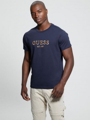 Guess Eco Embroidered Signature Tee Blauw | GUESS-SN30655