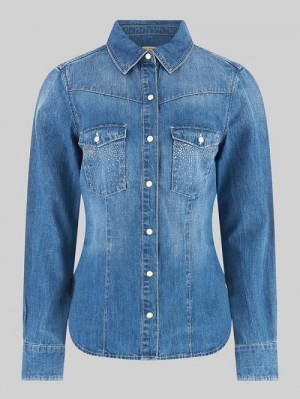Guess Eco Equity Rhinestone Pocket Denim Shirt Blauw | GUESS-SN26584