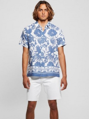 Guess Eco Island Border Linen Shirt Blauw | GUESS-SN31211