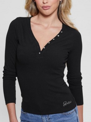 Guess Eco Kyla Rib Henley Tee Zwart | GUESS-SN27545