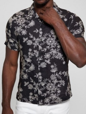 Guess Eco Linen Freehand Floral Shirt Zwart Wit | GUESS-SN31257