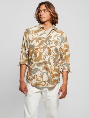 Guess Eco Linen Paisley Shirt Beige | GUESS-SN31314