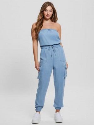 Guess Eco Lucia Denim Cargo Jumpsuit Blauw | GUESS-SN26676