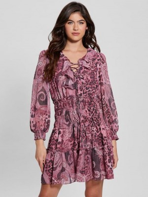 Guess Eco Lucy Lace-Up Flared Dress Paars | GUESS-SN26891