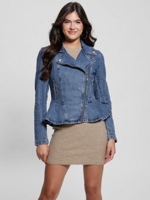 Guess Eco Mac Denim Peplum Moto Jacket Blauw | GUESS-SN26696
