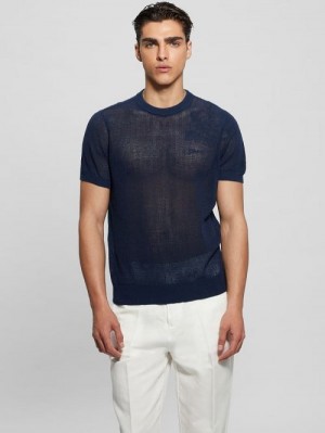 Guess Eco Mesh Lenny Crewneck Tee Blauw | GUESS-SN30627