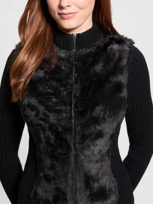 Guess Eco Mila Faux-Fur Zipped Cardigan Zwart | GUESS-SN27797