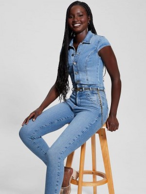 Guess Eco Nova Belted Denim Jumpsuit Blauw | GUESS-SN26690