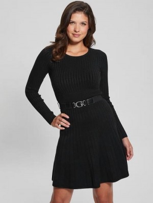 Guess Eco Paige Pleated Sweater Dress Zwart | GUESS-SN26904