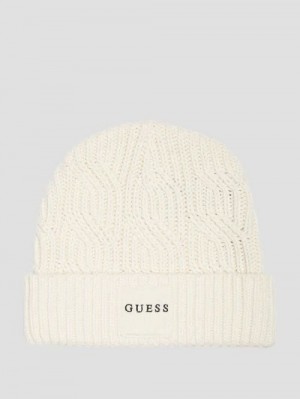 Guess Eco Wool-Blend Cable-Knit Beanie Wit | GUESS-SN30159