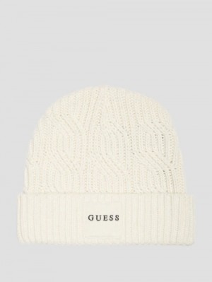 Guess Eco Wool-Blend Cable-Knit Beanie Wit | GUESS-SN31934