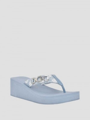 Guess Edany Denim G Buckle Wedge Sandals Blauw | GUESS-SN29594