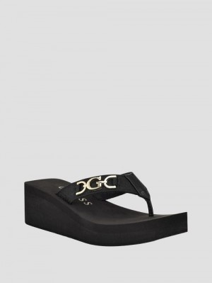 Guess Edany Denim G Buckle Wedge Sandals Zwart | GUESS-SN29712