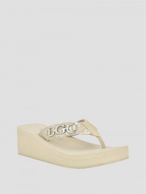 Guess Edany Denim G Buckle Wedge Sandals Beige | GUESS-SN29729