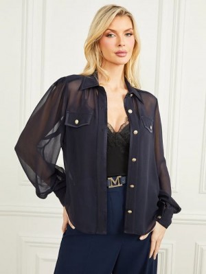 Guess Emily Sheer Shirt Blauw | GUESS-SN27228