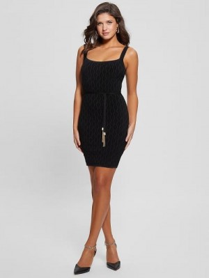 Guess Genna Diamond Knit Sweater Dress Zwart | GUESS-SN26870