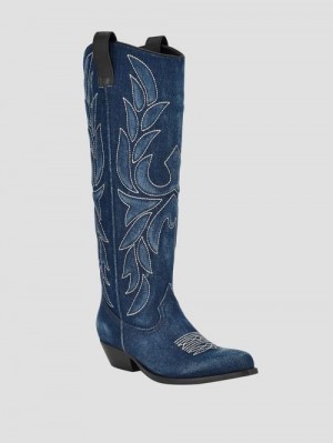 Guess Ginnifer Knee High Denim Cowboy Boots Blauw | GUESS-SN29928