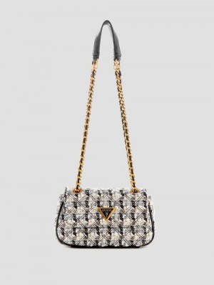 Guess Giully Tweed Mini Convertible Crossbody Zwart Wit | GUESS-SN28828