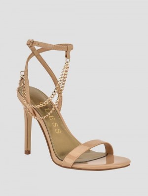 Guess Gold-Tone Chain Strap Heels Beige | GUESS-SN29746