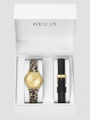 Guess Gold-Tone Crystal Analog Watch with Black Leather Strap Goud | GUESS-SN29961