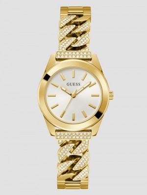 Guess Gold-Tone Crystal Curb Chain Analog Watch Goud | GUESS-SN29974