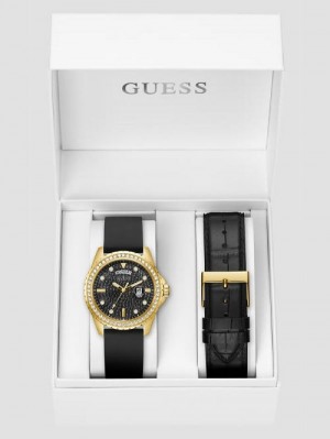 Guess Gold-Tone and Black Crystal Analog Watch with Leather Strap Goud | GUESS-SN31632
