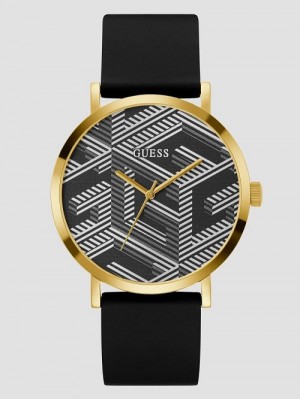 Guess Gold-Tone and Black Printed G-Cube Analog Watch Zwart | GUESS-SN31606