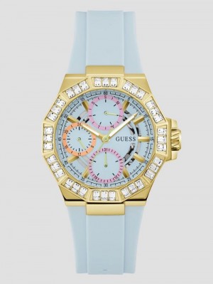 Guess Gold-Tone and Blue Silicone Multifunction Watch Blauw | GUESS-SN29996