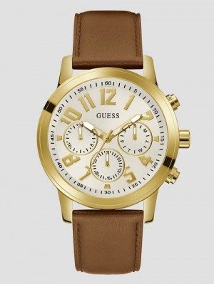 Guess Gold-Tone and Brown Leather Multifunction Watch Goud | GUESS-SN31655