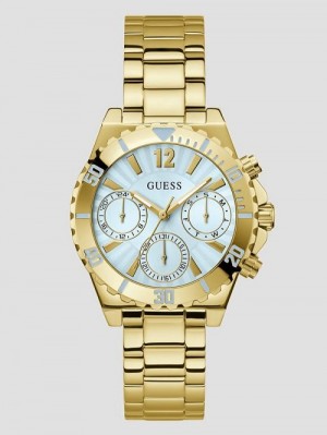 Guess Gold-Tone and Light Blue Multifunction Watch Goud | GUESS-SN29975