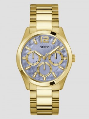 Guess Gold-Tone and Textured Blue Multifunction Watch Goud | GUESS-SN31666