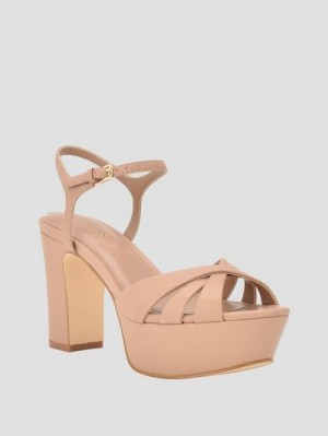 Guess Haylo Crisscross Platform Block Heels Beige | GUESS-SN29791