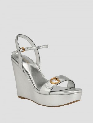 Guess Himifa Shimmer Metallic G Wedge Sandals Zilver | GUESS-SN29765