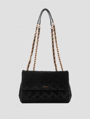 Guess Inia Velvet Convertible Crossbody Zwart | GUESS-SN29101